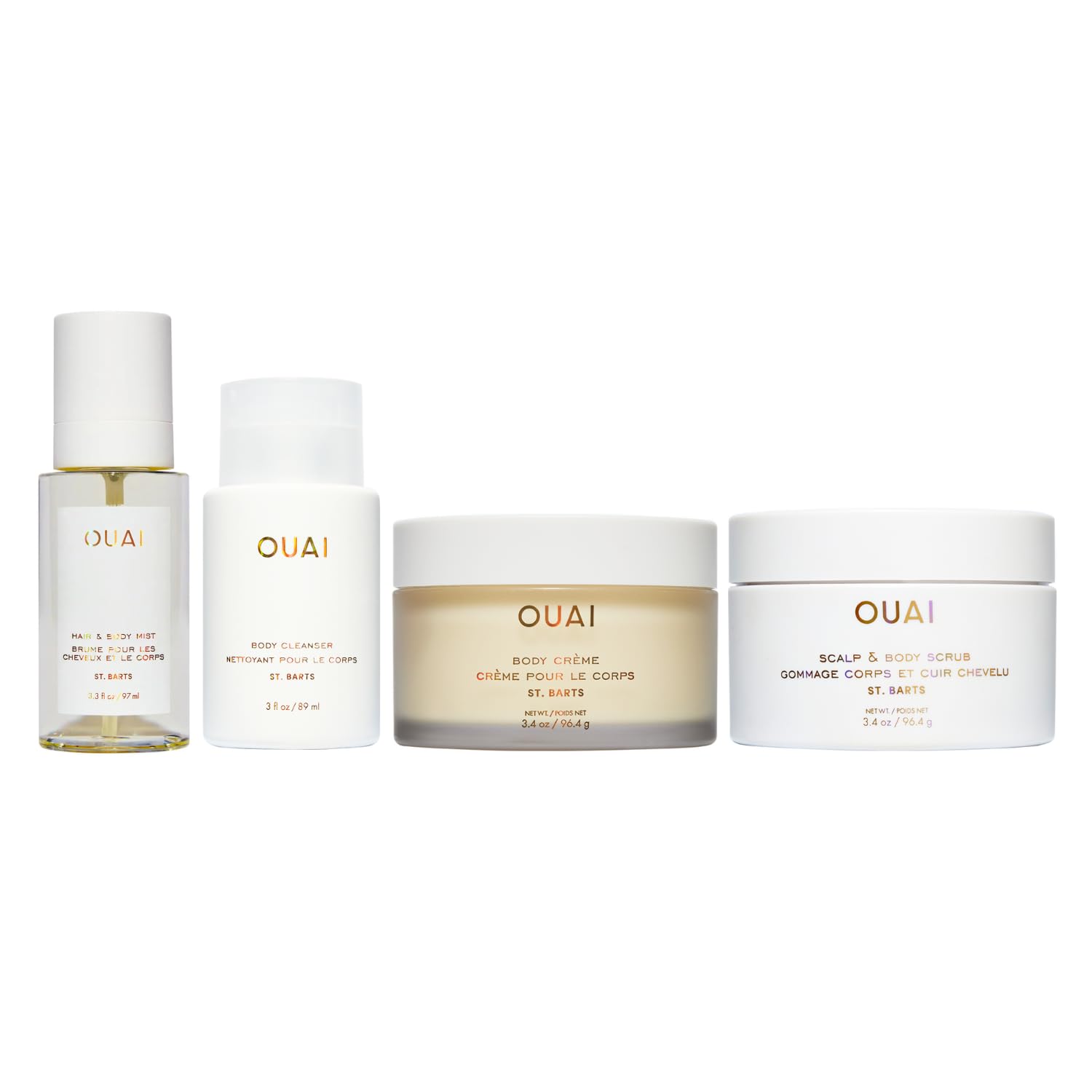 OUAI St. Barts Travel Bundle - Includes Travel Size Scalp & Body Scrub, Foaming Shower Gel, Hydrating Cream, and Hair & Body Mist (4 Count, 3.4 Oz/3.4 Oz/3 Oz/3.3 Oz) OUAI Au supplements