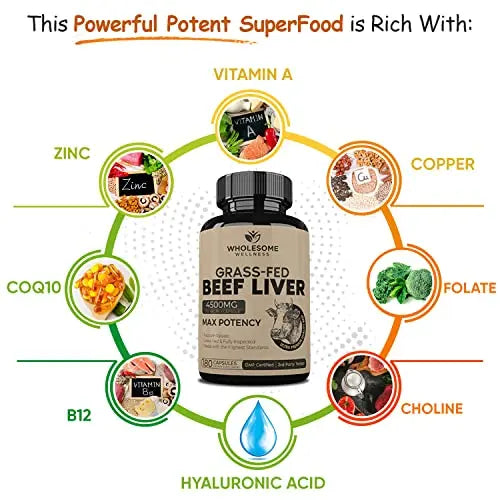 Grass Fed Desiccated Beef Liver Capsules (180 Pills, 750mg Each) - Natural Iron, Vitamin A Wholesome Wellness Au supplements