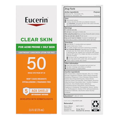 Eucerin Sun Clear Skin Face Sunscreen Lotion SPF 50 for Acne Prone and Oily Skin, Lightweight Sunscreen with Oil-Absorbing Minerals