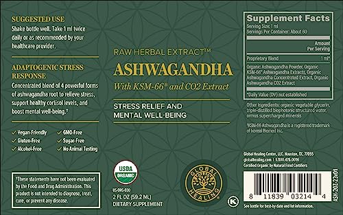 Global Healing Center - Organic Ashwagandha Supplements Drops - KSM-66 Ashwagandha Extra Strength for Men & Women, Helps Promote Relief from Stress, Mood Support, Organic (2 Fl Oz) Global Healing Center Au supplements