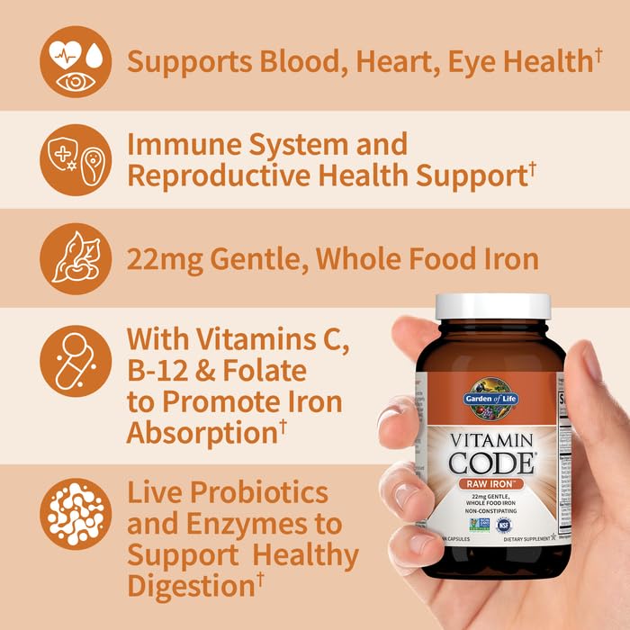 Garden of Life Vitamin Code Raw Iron Supplement - 30 Vegan Capsules, 22mg Once Daily Iron, Vitamins C, B12, Folate, Fruit, Veggies & Probiotics, Iron Supplements for Women