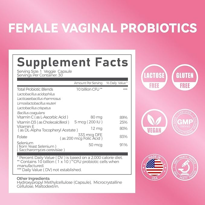 Gynable Vaginal Probiotics for Women Odor & Itch Support, Urinary | pH Balance, Female Probiotics 10 Billion CFU Lactobacillus Probiotics Blend,Selenium-Vitamin C/E/D3 Promote Immune Health,60 Count Vevoec Au supplements