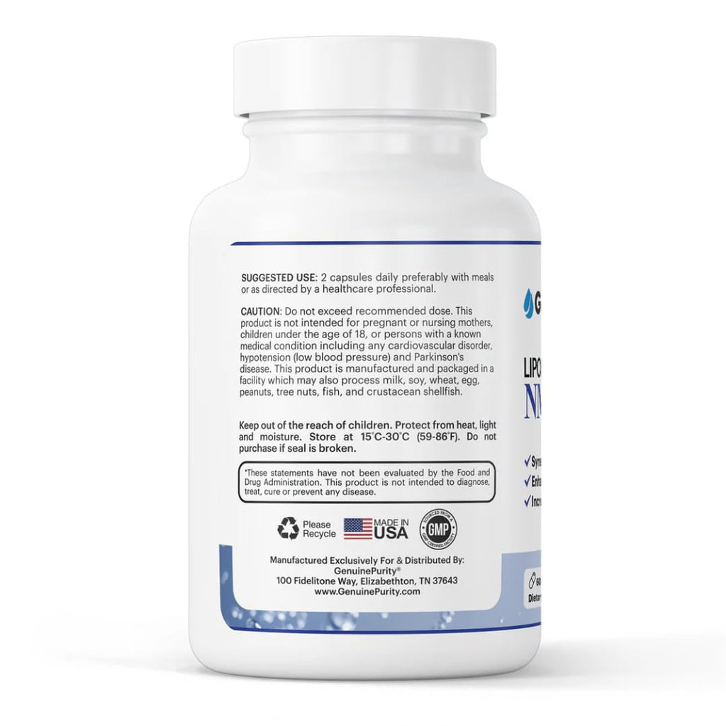 GenuinePurity - Liposomal NMN + NR Supplement - 60 Vegan Capsules to Support Cellular Health, Energy & NAD+ Levels - USA Made, Non-GMO, Gluten Free GenuinePurity Au supplements
