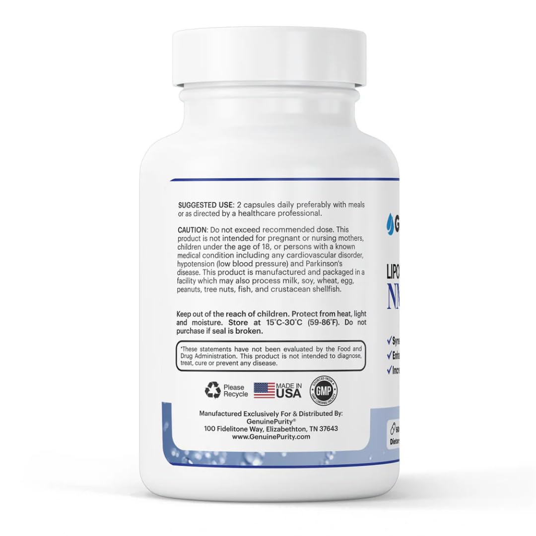 GenuinePurity - Liposomal NMN + NR Supplement - 60 Vegan Capsules to Support Cellular Health, Energy & NAD+ Levels - USA Made, Non-GMO, Gluten Free GenuinePurity Au supplements