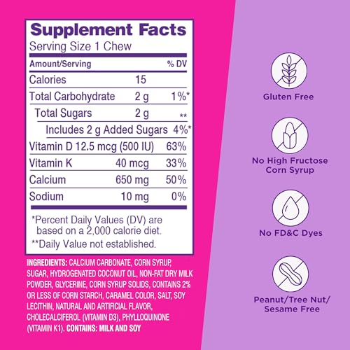Viactiv Calcium + Vitamin D Supplement Soft Chews for Women & Men - Chewable Calcium for Bone Health Support, 650 mg per Serving, Vitamin D & K for High Absorption - 60 Count, Caramel Viactiv Au supplements