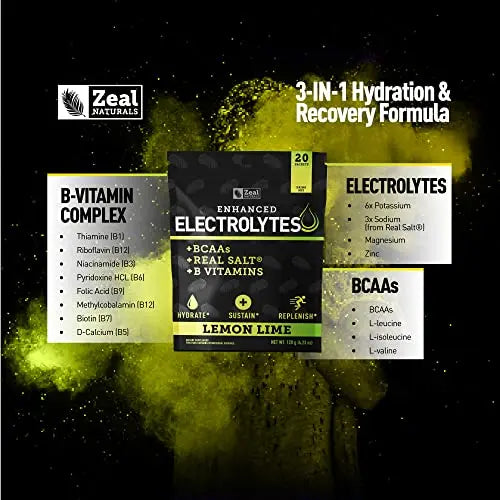 Enhanced Electrolyte Powder Stick Packs (Lemon Lime - 20 Packets) Sugar Free Zeal Naturals Au supplements