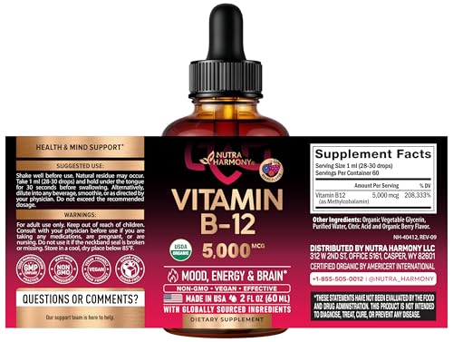 USDA Organic Vitamin B12 Sublingual Drops - 5000 mcg Liquid Vegan Methylcobalamin for Women & Men - Energy Boost, Focus & Mood, Brain Health Support