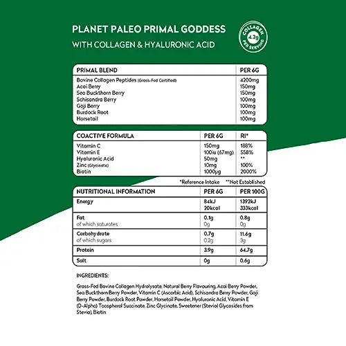 Planet Paleo Primal Goddess -Pure Collagen with Hyaluronic Acid and Zinc (210g, 35 Servings) Planet Paleo Au supplements