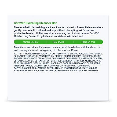 CeraVe Hydrating Cleanser Bar, Soap-Free Body and Facial Cleanser with 5% Moisturizing Cream, Fragrance-Free, 2-Pack, 4.5 Ounce Each