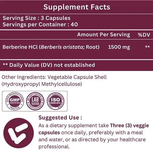 SHRISHA HERBAL Indian Berberine 1500mg - Berberine HCl 500mg Per Capsule - Support SHRISHA HERBAL Au supplements
