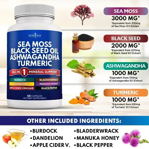 Silica Sea Moss 3000mg Black Seed Oil 2000mg Ashwagandha 1000mg Turmeric 1000mg NEW AGE Au supplements