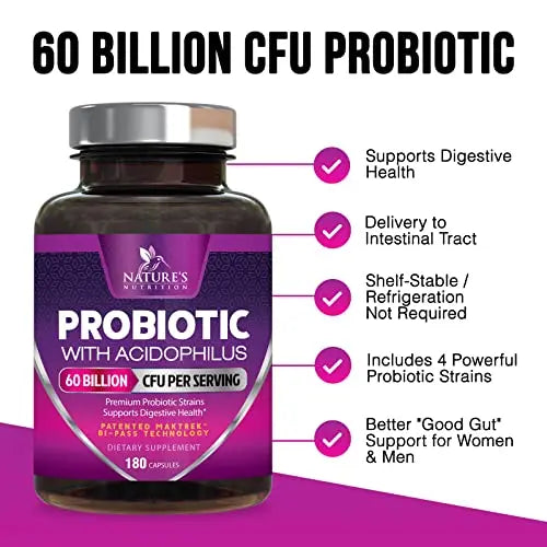Probiotics, 60 Billion CFU per Serving, Probiotic with Prebiotics for Digestive & Immune Health Nature's Nutrition Au supplements