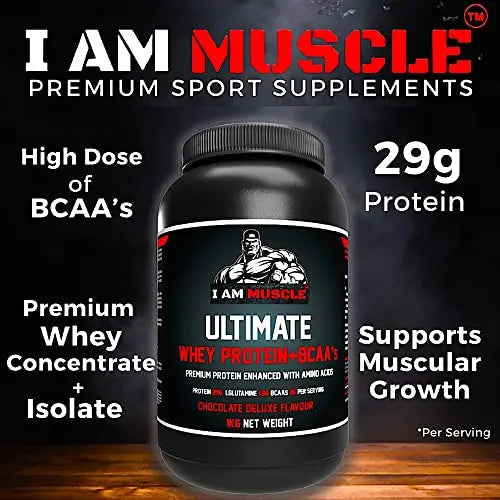 Ultimate Whey Protein + BCAA’s Powder, Premium High Protein Isolate, Enhance Lean Muscle Mass and Recovery, 1kg I AM MUSCLE Au supplements