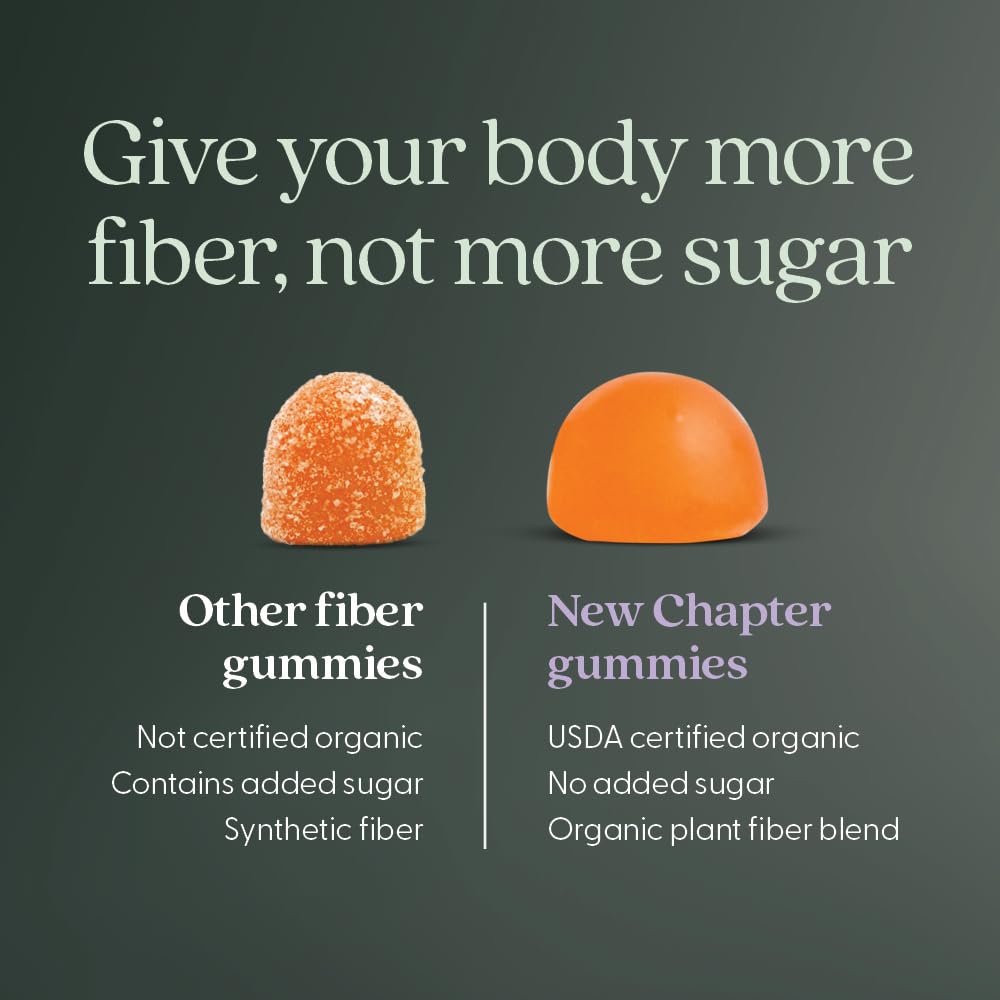 New Chapter Organic Fiber Gummies for Adults & Kids (Age 4+), Plant-Based Prebiotic Fiber for Digestive Health, Vegan, Non-GMO, USDA Organic
