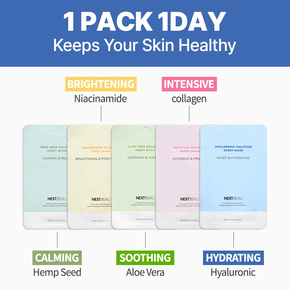 NEXTBEAU Solution Sheet Mask Variety Pack, 10 Count (5 Types x 2 Sheets), 0.74 fl oz Each, Korean Facial Sheet Masks for Daily Skincare