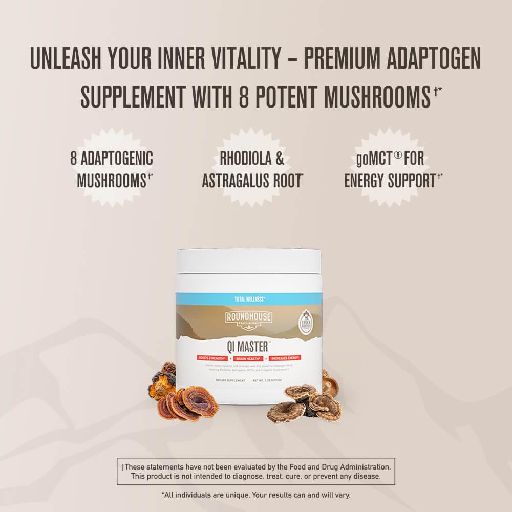ROUNDHOUSE PROVISION Qi Master Adaptogen Blend, Earthy Mushroom Flavor with Astragalus Root, Rhodiolife Extract, MCT, 8 Organic Mushrooms (30 Scoops) by Chuck Norris ROUNDHOUSE PROVISION Au supplements