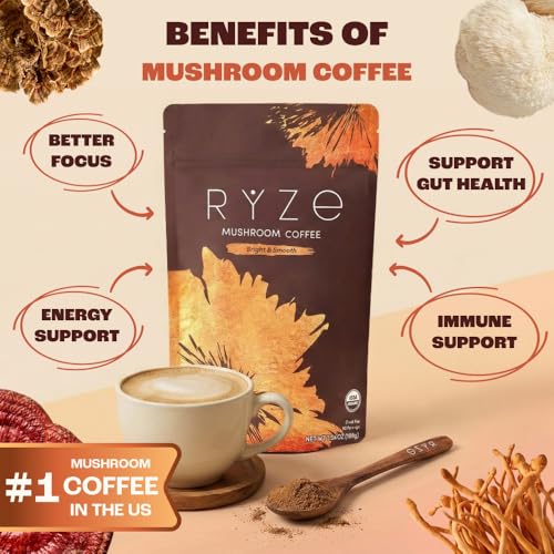 RYZE SUPERFOODS Mushroom Medium Roast Coffee USDA Organic with 6 Adaptogenic Mushrooms, USA Grown Instant Coffee for Better Energy