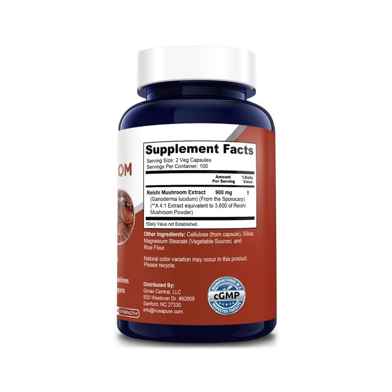 NusaPure Reishi Mushroom 4:1 Extract, 900 mg Equivalent to 3,600mg per Capsule 200 Veggie Caps Vegan, Non-GMO, Gluten-Free NusaPure Au supplements