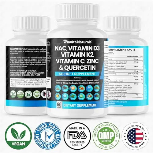 NAC Supplement N-Acetyl Cysteine 1000mg Vitamin C Vitamin D3 K2, Zinc, Turmeric Curcumin Winvita Naturals Au supplements