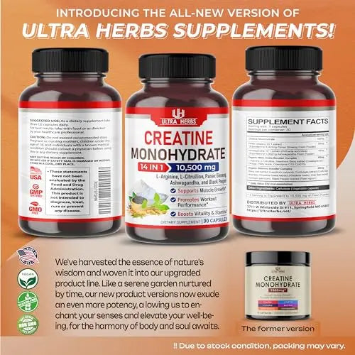 Ultra Creatine Pills Muscle Growth 9800mg Creatine Monohydrate Capsules w Ginseng ULTRA HERBS Au supplements