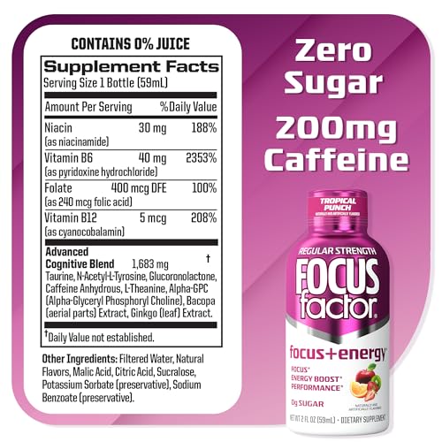 Focus Factor Focus + Energy Shots - 12 x 2oz Bottles (Tropical Punch Flavor) - Powered by Nootropics with Caffeine, L-Theanine, Ginkgo, Bacopa, L-Tyrosine, Alpha GPC Focus Factor Au supplements