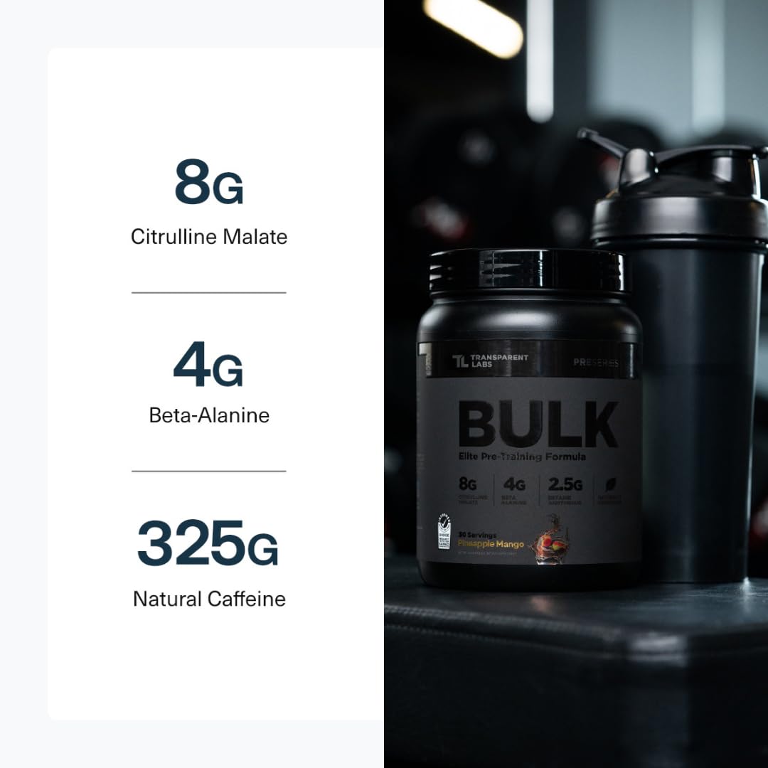 Transparent Labs Bulk Black Pre Workout - Clinically Dosed, Sugar Free Preworkout for Men and Women with Beta Alanine Powder, Citrulline Malate