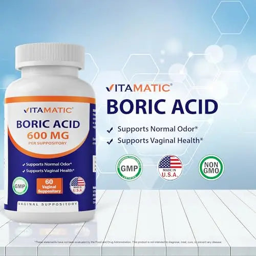 Vitamatic Boric Acid Vaginal Suppositories 600 mg USP Grade Boric Acid in Vegetarian Capsule Shell - 60 Count Vitamatic Au supplements