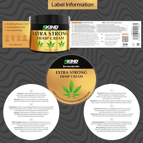 5kind Extra Strong Hemp Cream 10.1 fl oz - Maximum Strength - Natural Topical Cream - Muscle Rub for Lower Back, Joints, Neck, Knees, Shoulders 5kind clinical skincare Au supplements