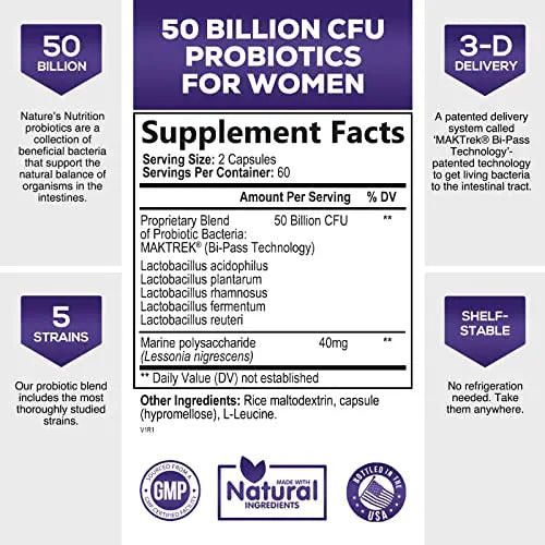 Probiotics for Women 4-in-1, 50 Billion CFU + Prebiotics, Vaginal Women's Probiotic Nature's Nutrition Au supplements