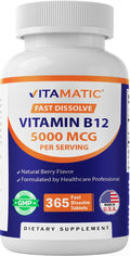 Vitamatic Vitamin B12 5000 mcg – 365 Fast Dissolve Tablets Berry Flavor – Supports Energy Production & Nervous System Health