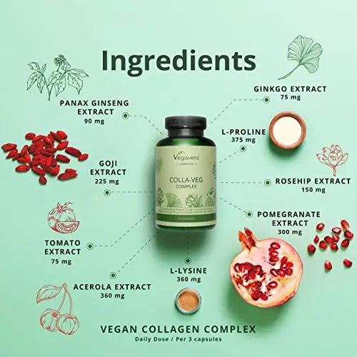 Vegavero Vegan Collagen Supplement | 2000mg | Complex with L-Lysine, L-Proline, Vitamin C (Acerola) & Superfoods Extracts | NO Additives, Lab-Tested | 120 Capsules Vegavero Au supplements