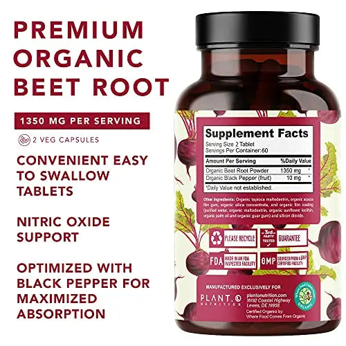 USDA Plant.O Premium Organic Beet Root Tablets [1350mg Beets Powder] with Black Pepper PLANT.O NUTRITION Au supplements