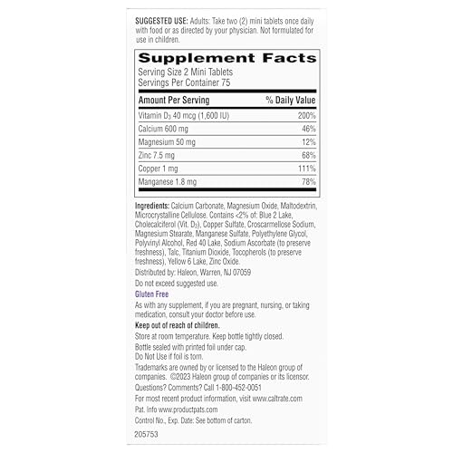 Caltrate Minis 600 Plus D3 Plus Minerals Calcium and Vitamin D Supplement Tablets, Bone Health and Mineral Supplement for Adults - 150 Count