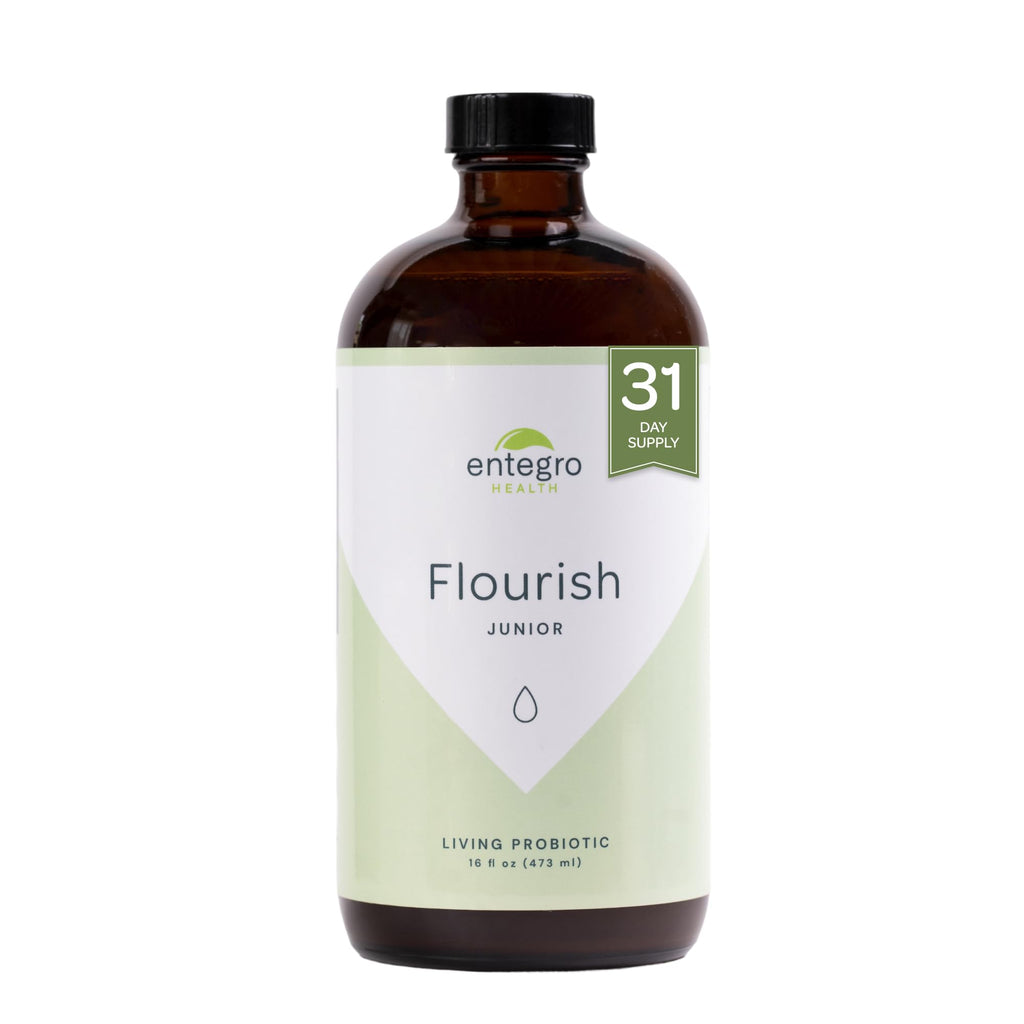 ENTEGRO Flourish Junior Liquid Probiotic & Postbiotic Supplement - Glass | 11 Live Cultures | Gut & Digestive Health for Women, Men & Kids | Organic, Vegan, Allergen Free | USA Made | 16 fl oz