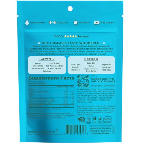 Plant People WonderHydrate Electrolyte Gummies – Vegan Hydration Supplement with Magnesium, Potassium, Zinc, Vitamin C & Himalayan Sea Salt – Zero Sugar Lychee (42 Count) Plant People Au supplements