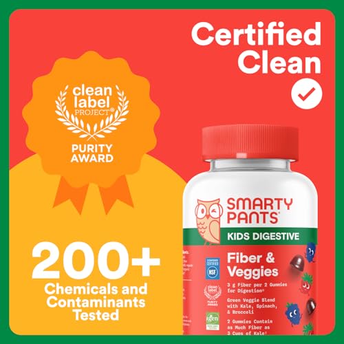 SmartyPants Kids Fiber & Veggies: Prebiotic Fiber Gummies for Kids, Fiber Supplement with Inulin, Organic Green Veggie Blend, Vegan, Gluten Free