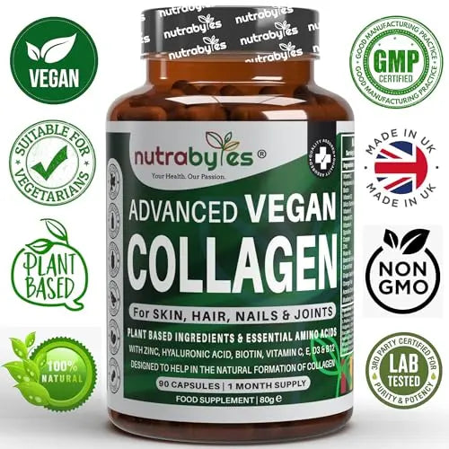 Vegan Collagen Supplement For Skin, Hair, Nails, Joints & Bones with Hyaluronic Acid, Biotin, Lysine, Bamboo Silica, Zinc, Vitamin C, D3, B12, E NUTRABYTES Au supplements