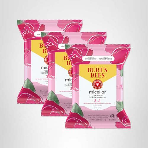 Burt’s Bees Micellar Rose Water Facial Towelettes, 100% Plant Based Cloth; 99% Natural Origin; Remove Makeup, Cleanse, Hydrate; No Oily Residue; All Skin Types; 30 Ct, Pack of 3 (Pack May Vary)