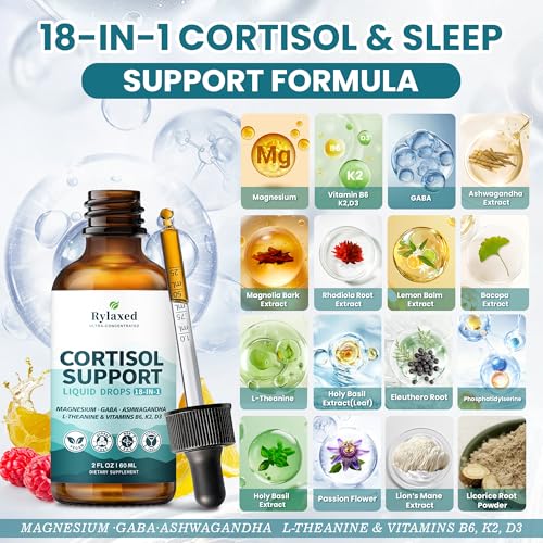 Cortisol Supplements for Women & Men, 18 in 1 Stress & Mood Support Drops with Magnesium 480mg, GABA, Ashwagandha, L-Theanine & Phosphatidylserine, for Relaxation & Sleep, Lemon Raspberry Flavor 60mL Rylaxed Au supplements