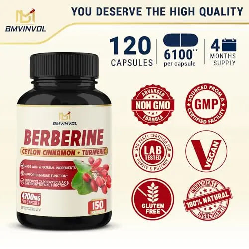 BMVINVOL Premium Berberine HCl 6-in1 Equivalent 6100mg - 120 Capsules - Plus Ceylon BMVINVOL Au supplements