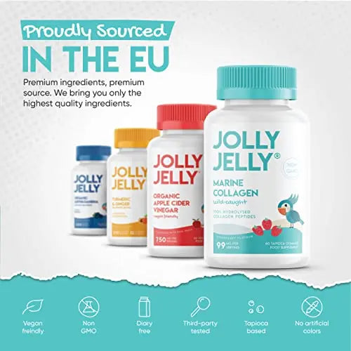 Marine Collagen Gummies by Jolly Jelly® - Wild-Caught Marine Collagen Tapioca Gummies - Type 1 Hydrolysed Collagen - Strawberry Flavour - 60 Gummies. JOLLY JELLY Au supplements