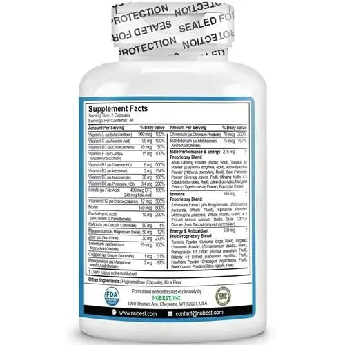Multivitamin for Men with 38 Key Nutrients, B Complex, D3, A, C, Zinc, Magnesium, Calcium, Asian Ginseng, Ashwagandha, Turmeric for Bones, Muscle NuBest Au supplements