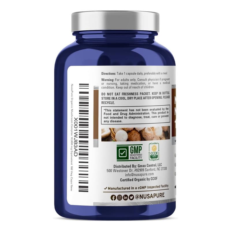NusaPure Organic Mushroom Complex 10,000mg per Capsule, 180 Veggie Caps, Non-GMO, Enoki, Turkey Tail, Reishi, Chaga, Maitake NusaPure Au supplements