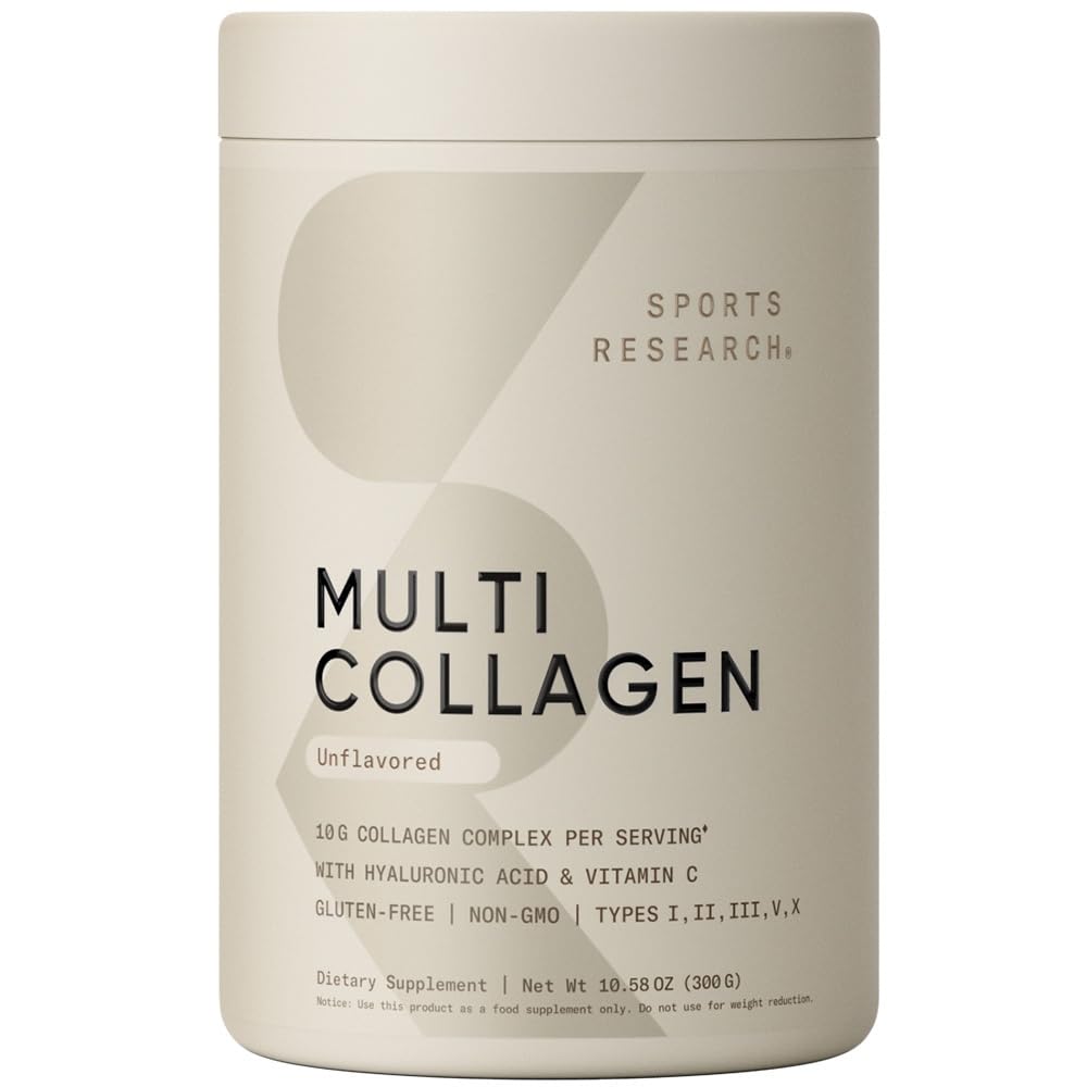 Sports Research Multi Collagen Protein Powder (Type I, II, III, V, X) with Hyaluronic Acid + Vitamin C | 5 Types of Food Based Collagen