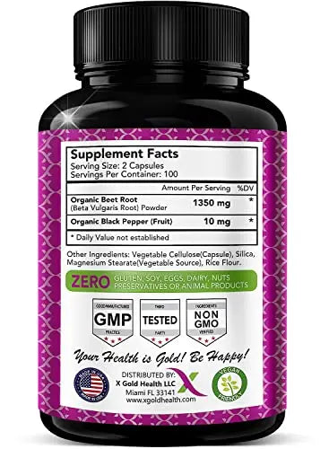 Organic Beet Root Powder 1350mg 200 Veggie caps Superfood Nitric Oxide Strongest X Gold Health Au supplements