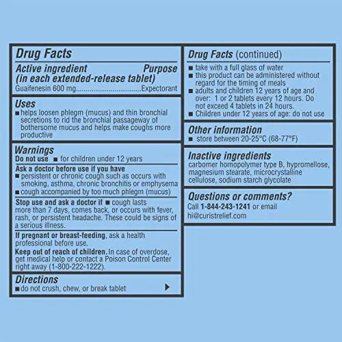 Curist Guaifenesin 600 mg Extended Release Tablets (300 Dye-Free Tablets) - Expectorant Curist Au supplements