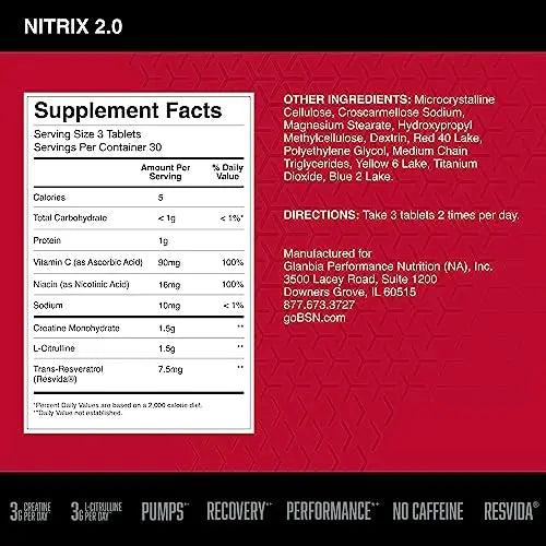 BSN NITRIX 2.0 - Nitric Oxide Precursors, 3g Creatine, 3g L Citrulline - Supports Workout BSN Au supplements