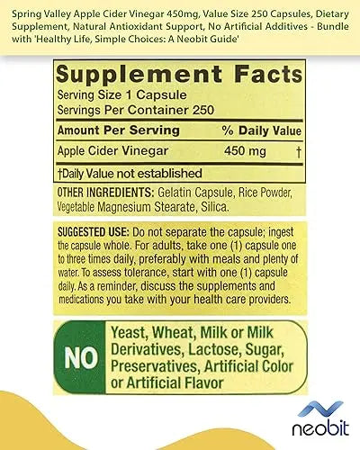 Spring Valley Apple Cider Vinegar 450mg, Value Size 250 Capsules, Dietary Supplement Neobit Au supplements