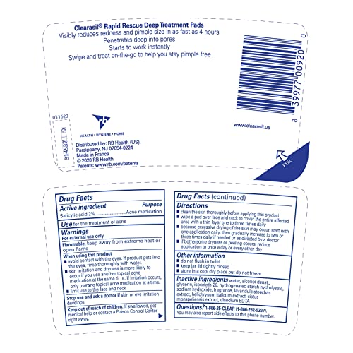 Clearasil Rapid Rescue Deep Treatment Acne Face Pads, Maximum Strenght with 2% Salicylic Acid Acne