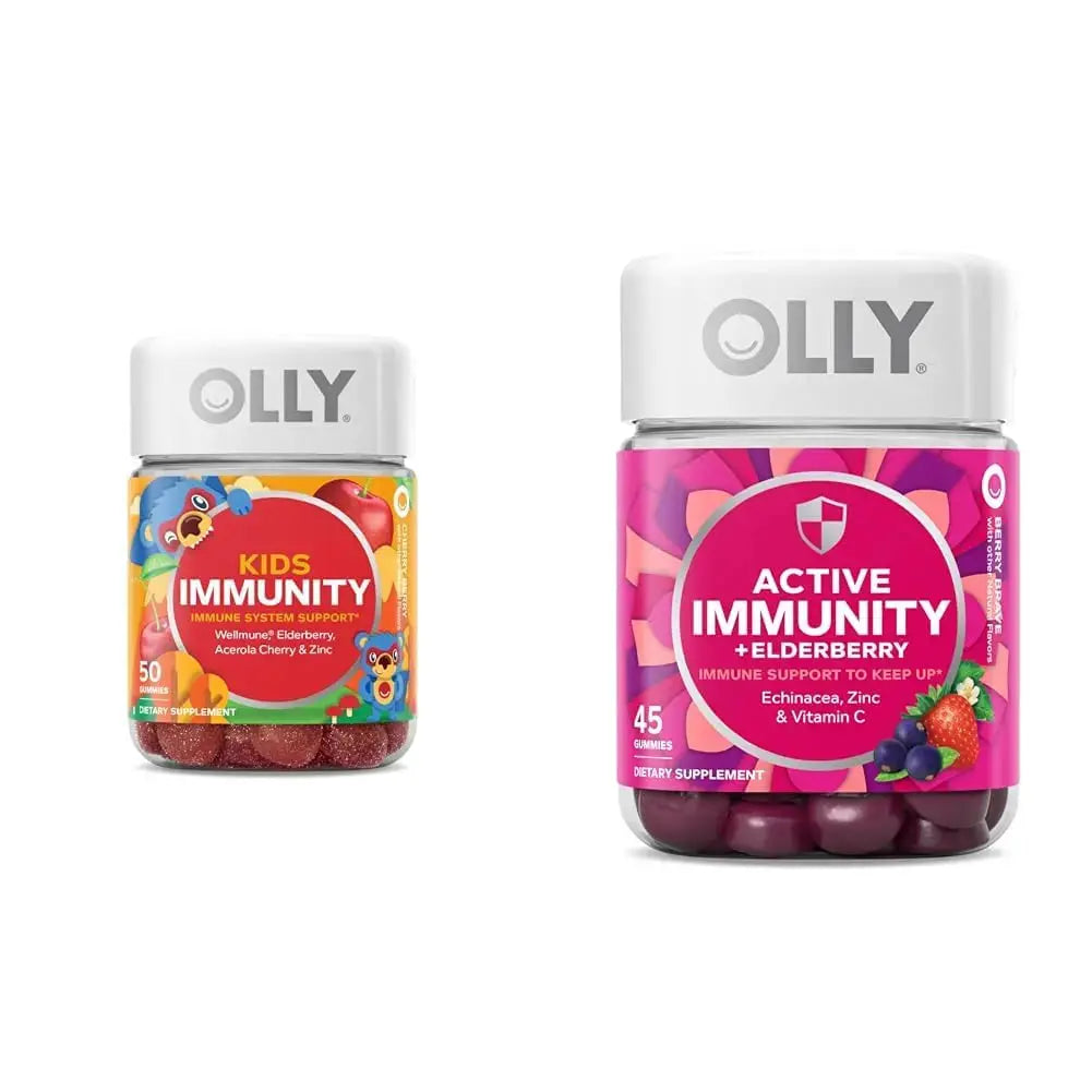 OLLY Kids Immunity Gummy, Immune Support, Wellmune, Elderberry, Vitamin C, Zinc, Chewable Supplement, Cherry - 50 Count & Gummy Active Immunity+Elderberry, 45 Gummies (1 Pack), Berry Flavor OLLY Au supplements